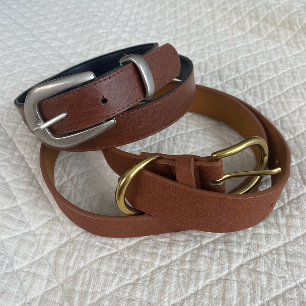 Bundle of 2 Brown Faux Leather Belts Silver Gold Tone Preppy Classic 30-33 Inch